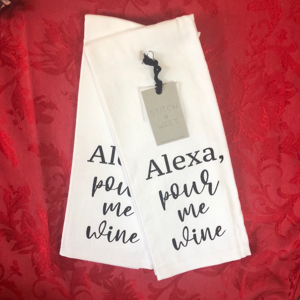 Set of 2 White terry cloth Kitchen towels “ Alexa, pour me wine”